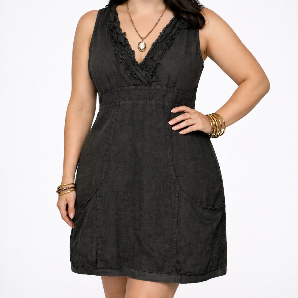 Made in‎ Italy Midi Dress Women's Size L/XL Black Ruffle V-Neck Patch Pockets
